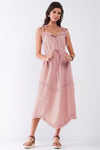 Orange Striped Sleeveless V-Neck Ruffle Trim Self-Tie Waist Detail Midi Dress /4-2 - Tasha Apparel Wholesale