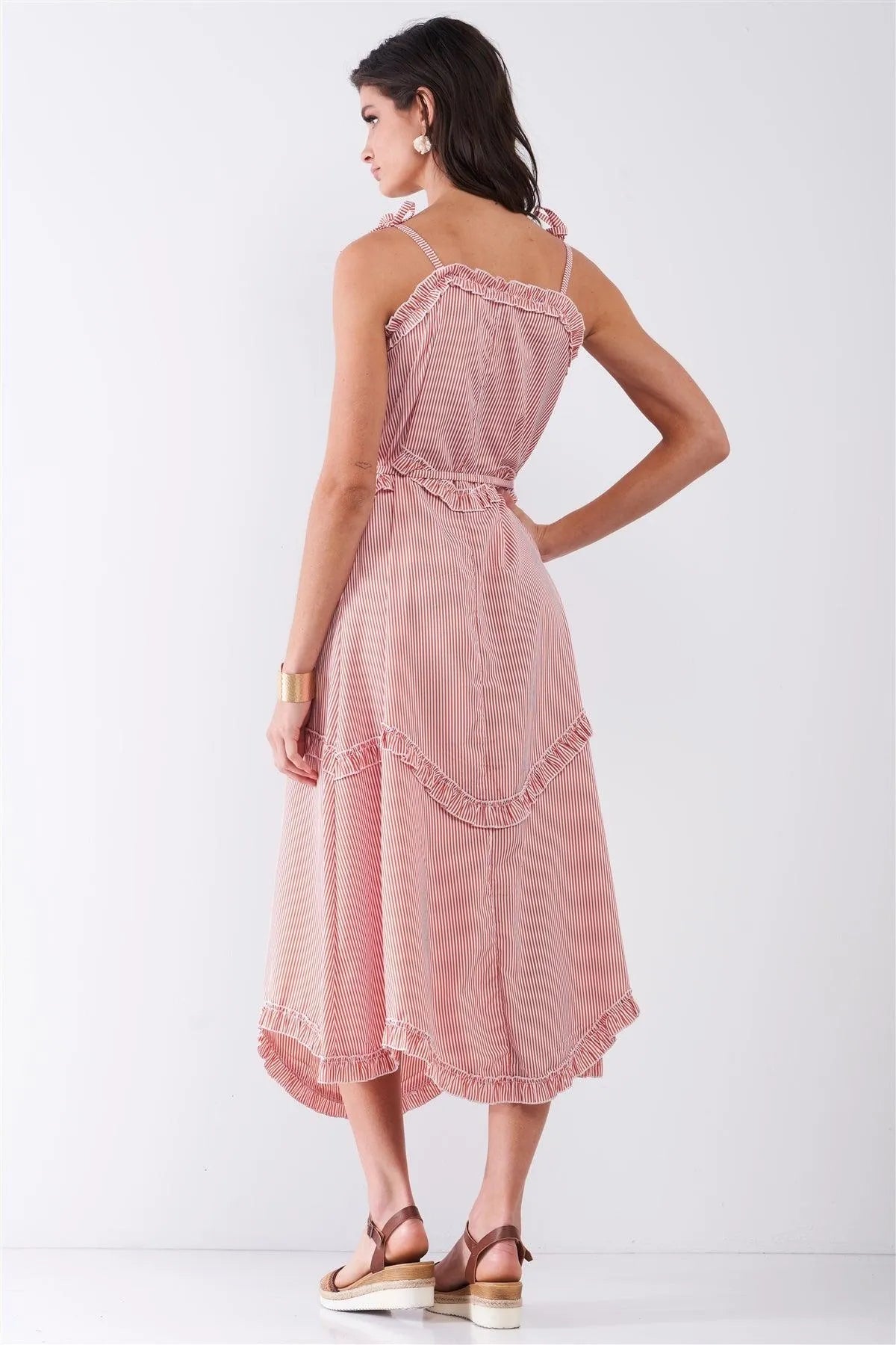 Orange Striped Sleeveless V-Neck Ruffle Trim Self-Tie Waist Detail Midi Dress /4-2 - Tasha Apparel Wholesale