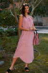 Red Striped Sleeveless V-Neck Ruffle Trim Self-Tie Waist Detail Midi Dress /4-2 - Tasha Apparel Wholesale