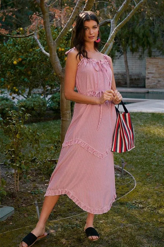Red Striped Sleeveless V-Neck Ruffle Trim Self-Tie Waist Detail Midi Dress /4-2 - Tasha Apparel Wholesale