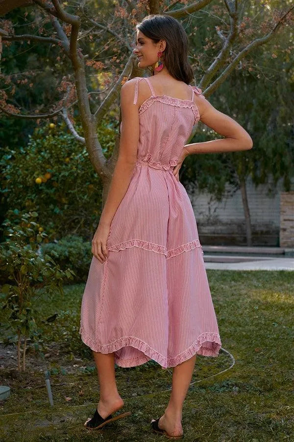 Red Striped Sleeveless V-Neck Ruffle Trim Self-Tie Waist Detail Midi Dress /4-2 - Tasha Apparel Wholesale