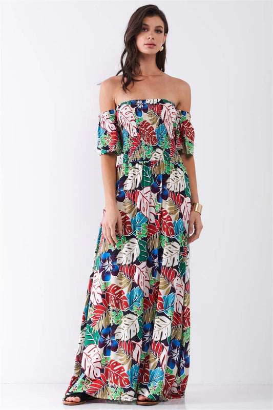 Black&Red Floral Print Off-The-Shoulder Puff Sleeve Smock Lace-Up Detail Summer Maxi Dress /2-2-2 - Tasha Apparel Wholesale