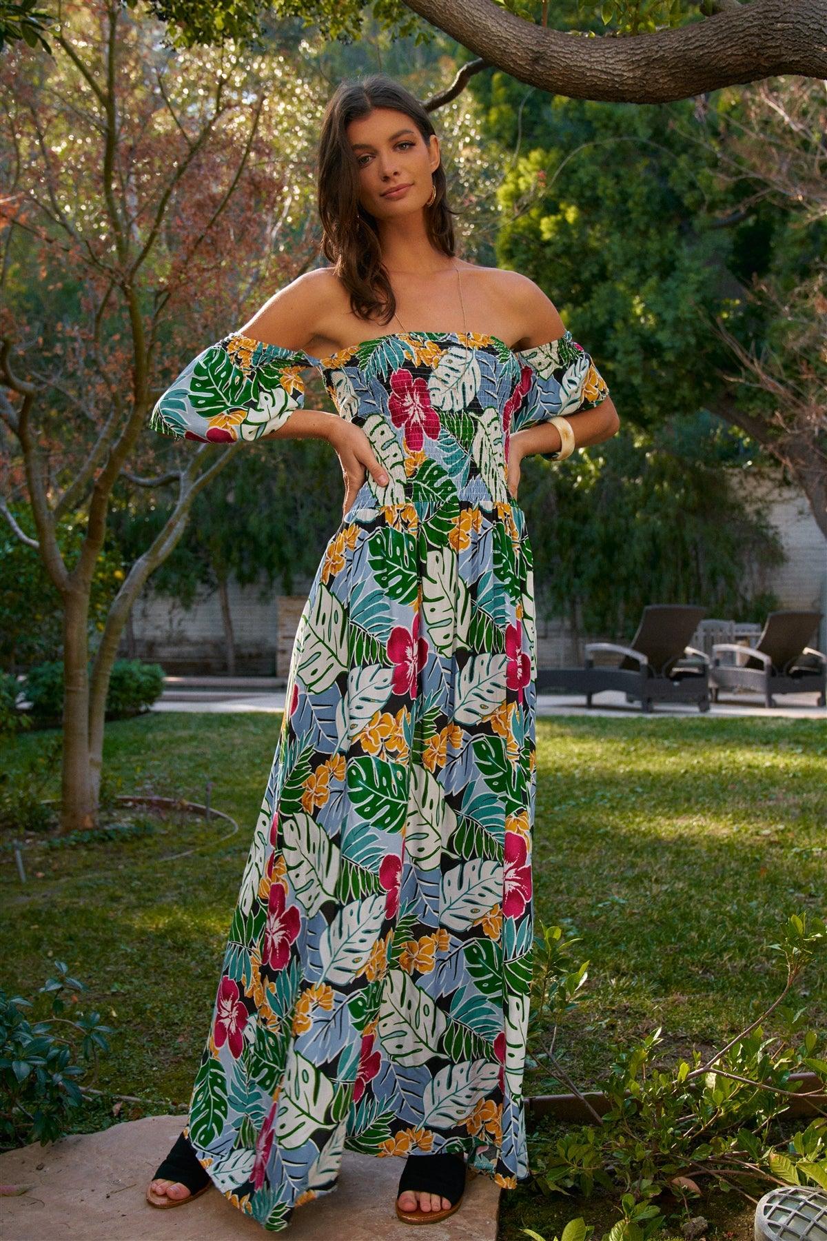 Green&Yellow Floral Print Off-The-Shoulder Puff Sleeve Smock Lace-Up Detail Summer Maxi Dress /2-2-2