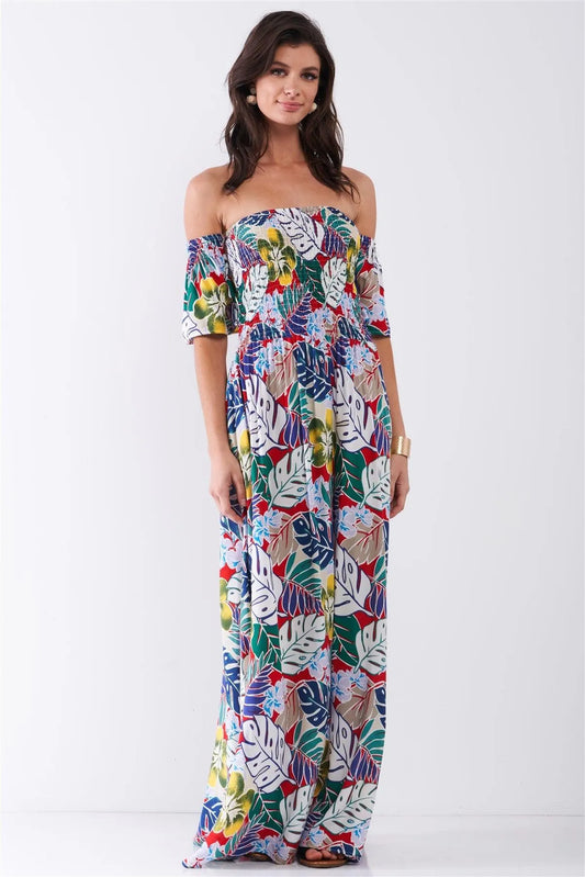 Red Royal Floral Print Off-The-Shoulder Puff Sleeve Smock Lace-Up Detail Summer Maxi Dress /2-2-2 - Tasha Apparel Wholesale