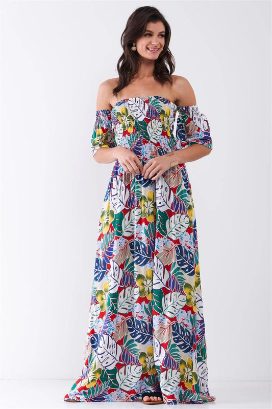 Red Royal Floral Print Off-The-Shoulder Puff Sleeve Smock Lace-Up Detail Summer Maxi Dress /1-3-2 - Tasha Apparel Wholesale