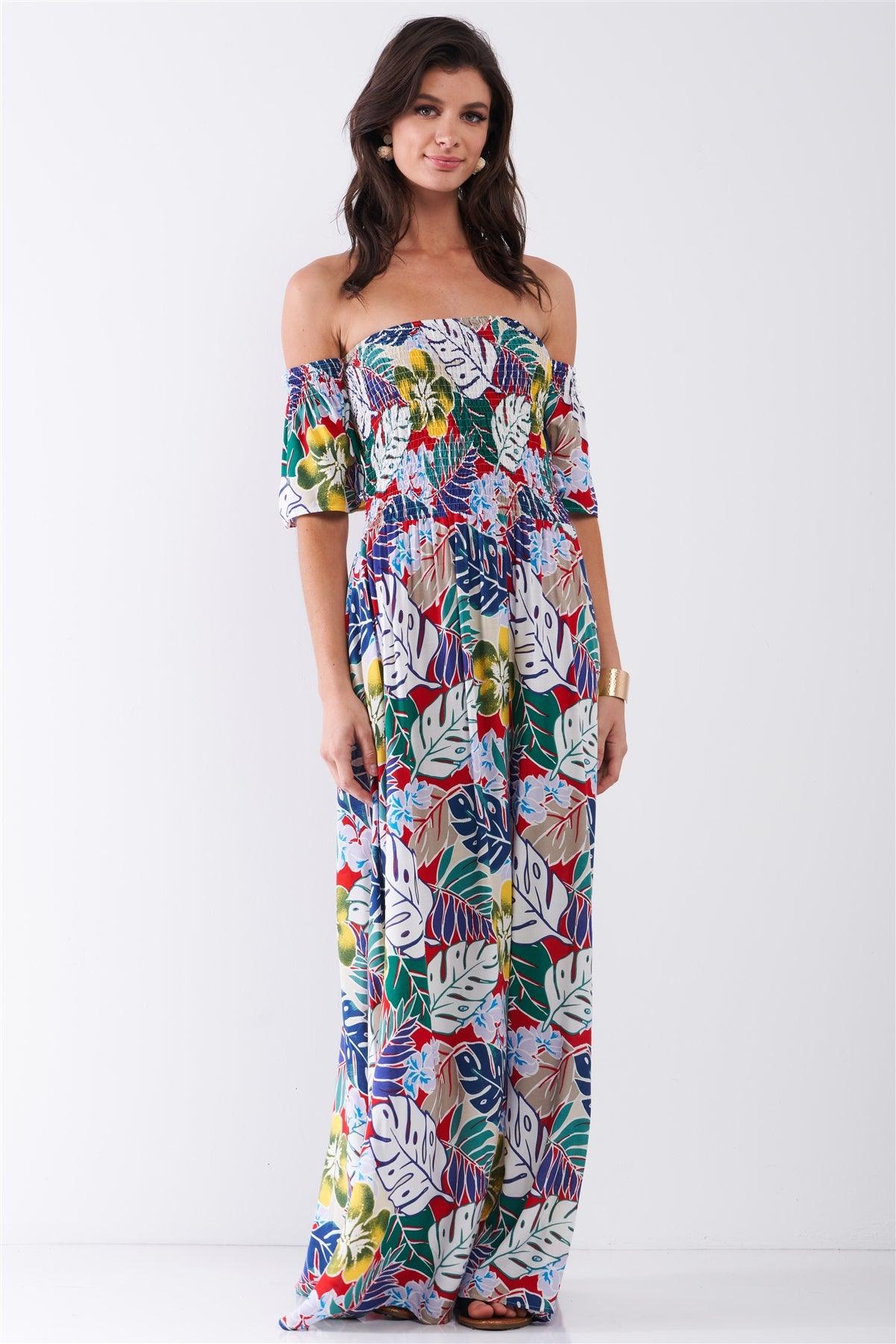 Red Royal Floral Print Off-The-Shoulder Puff Sleeve Smock Lace-Up Detail Summer Maxi Dress /1-3-2