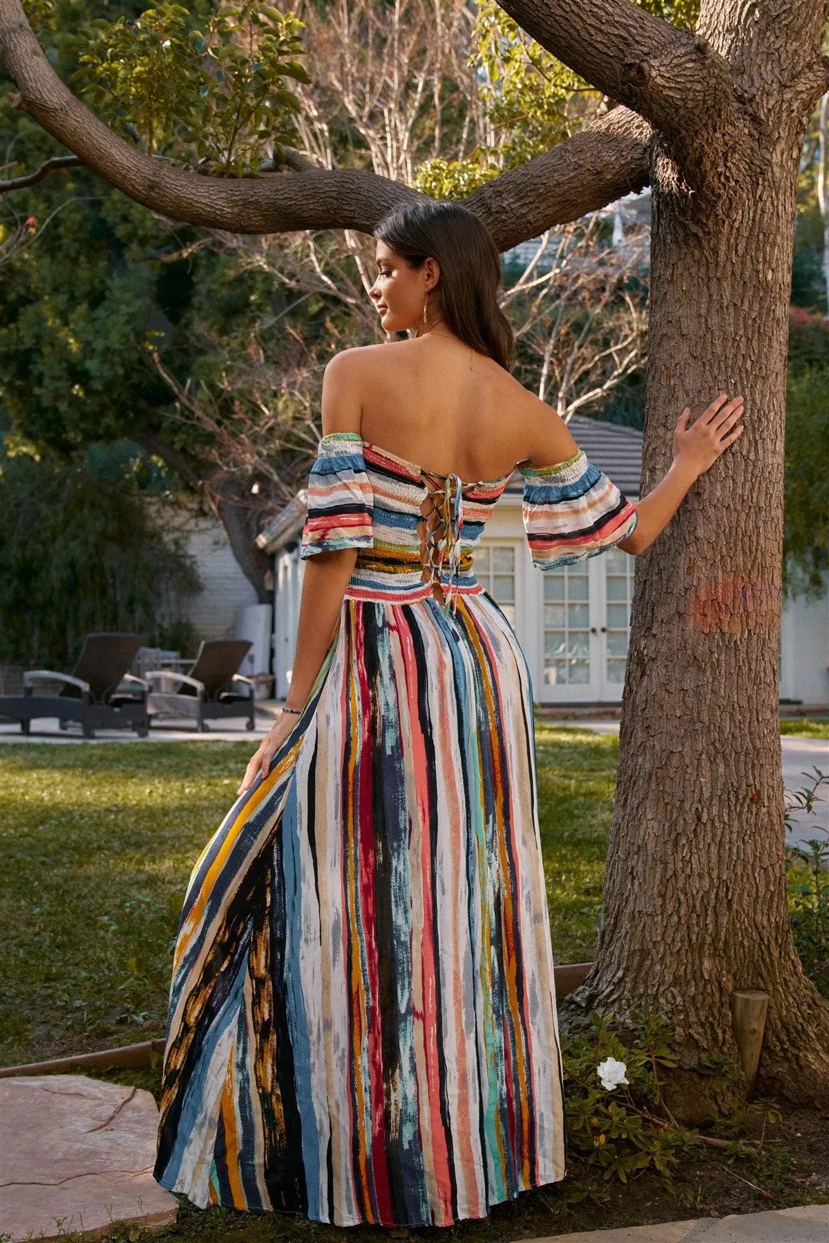 Aqua Stripe Print Off-The-Shoulder Maxi Dress - Tasha Apparel Wholesale