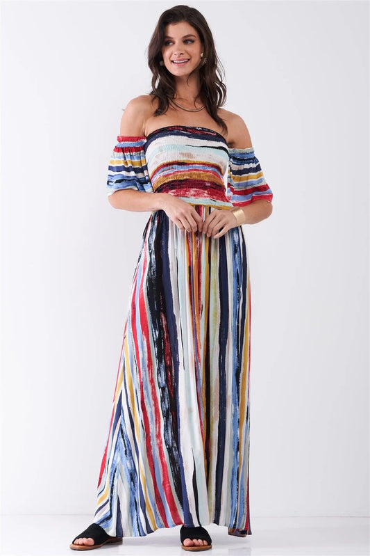 Navy Multicolor Brushed Stripe Print Off-The-Shoulder Puff Sleeve Smock Lace-Up Detail Summer Maxi Dress /2-2-2 - Tasha Apparel Wholesale