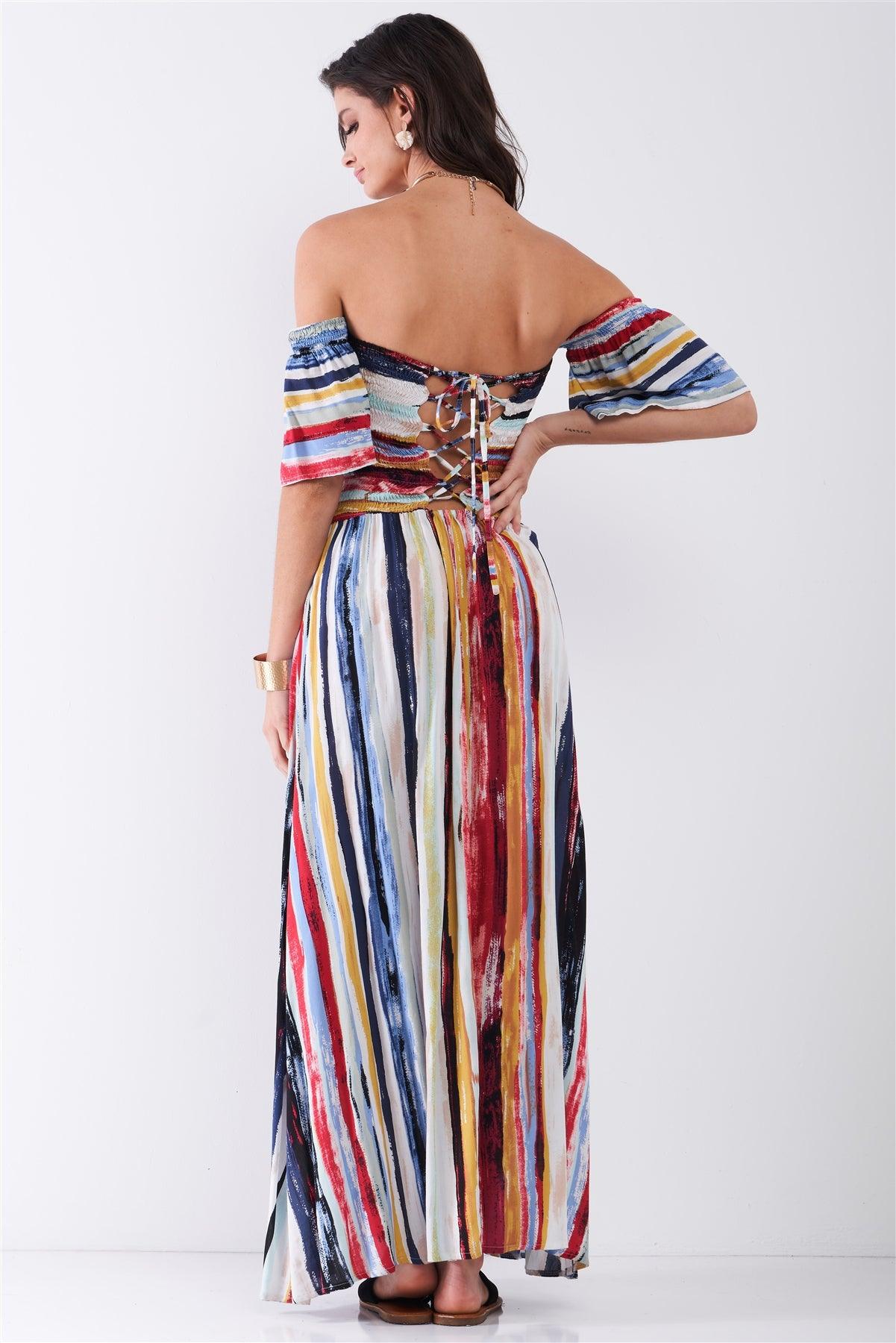 Navy Multicolor Brushed Stripe Print Off-The-Shoulder Puff Sleeve Smock Lace-Up Detail Summer Maxi Dress /2-2-2