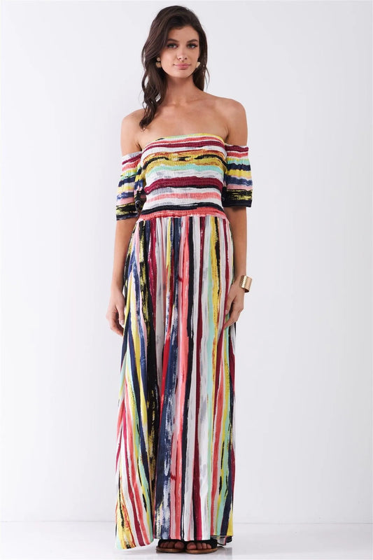 Red Multicolor Brushed Stripe Print Off-The-Shoulder Puff Sleeve Smock Lace-Up Detail Summer Maxi Dress /2-2-2 - Tasha Apparel Wholesale