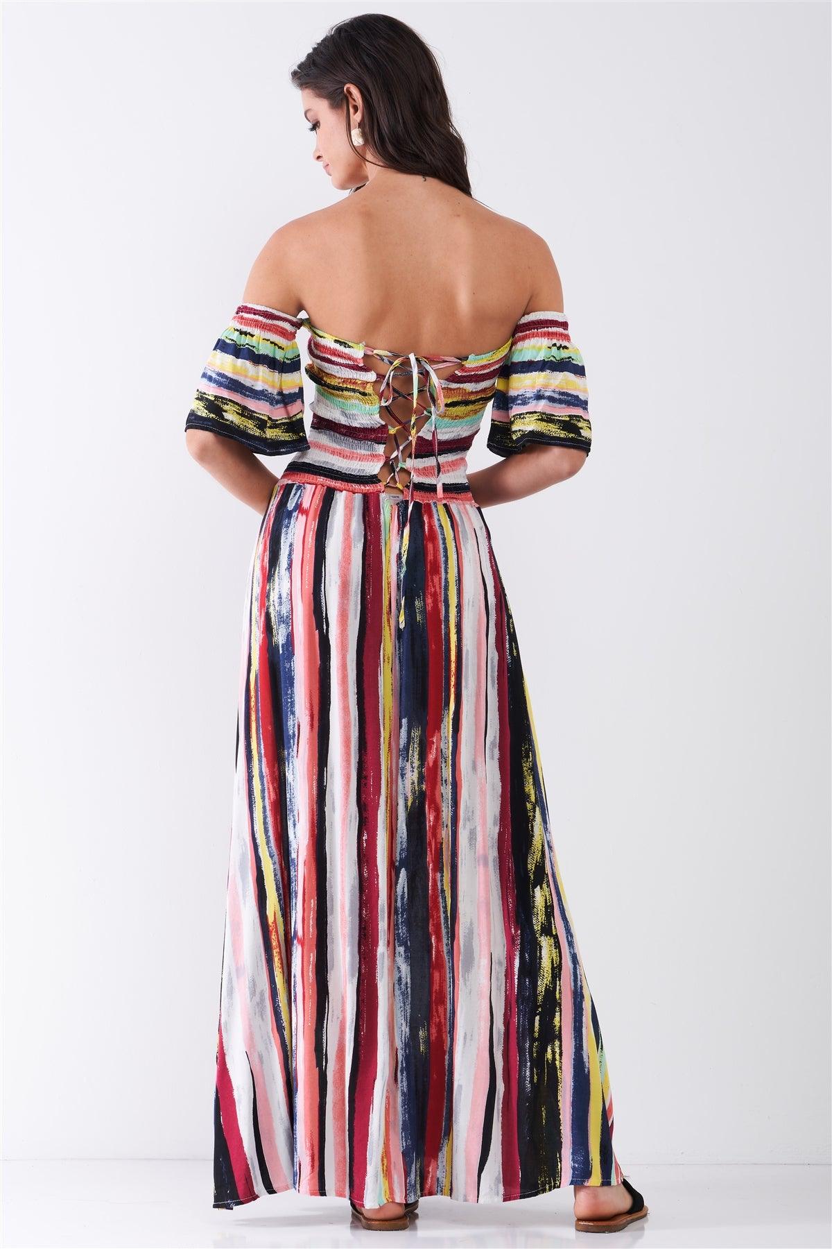 Red Multicolor Brushed Stripe Print Off-The-Shoulder Puff Sleeve Smock Lace-Up Detail Summer Maxi Dress /2-2-2