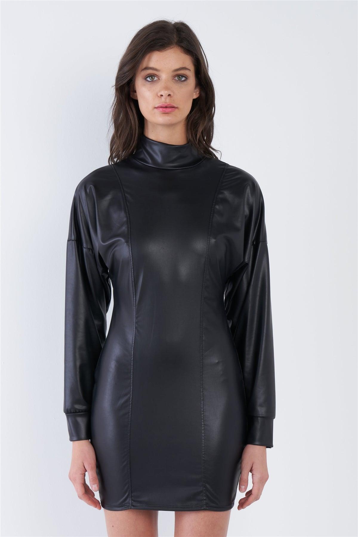 Black Vegan Leather High Turtleneck Long Sleeves Bodycon Mini Dress /1-2-2