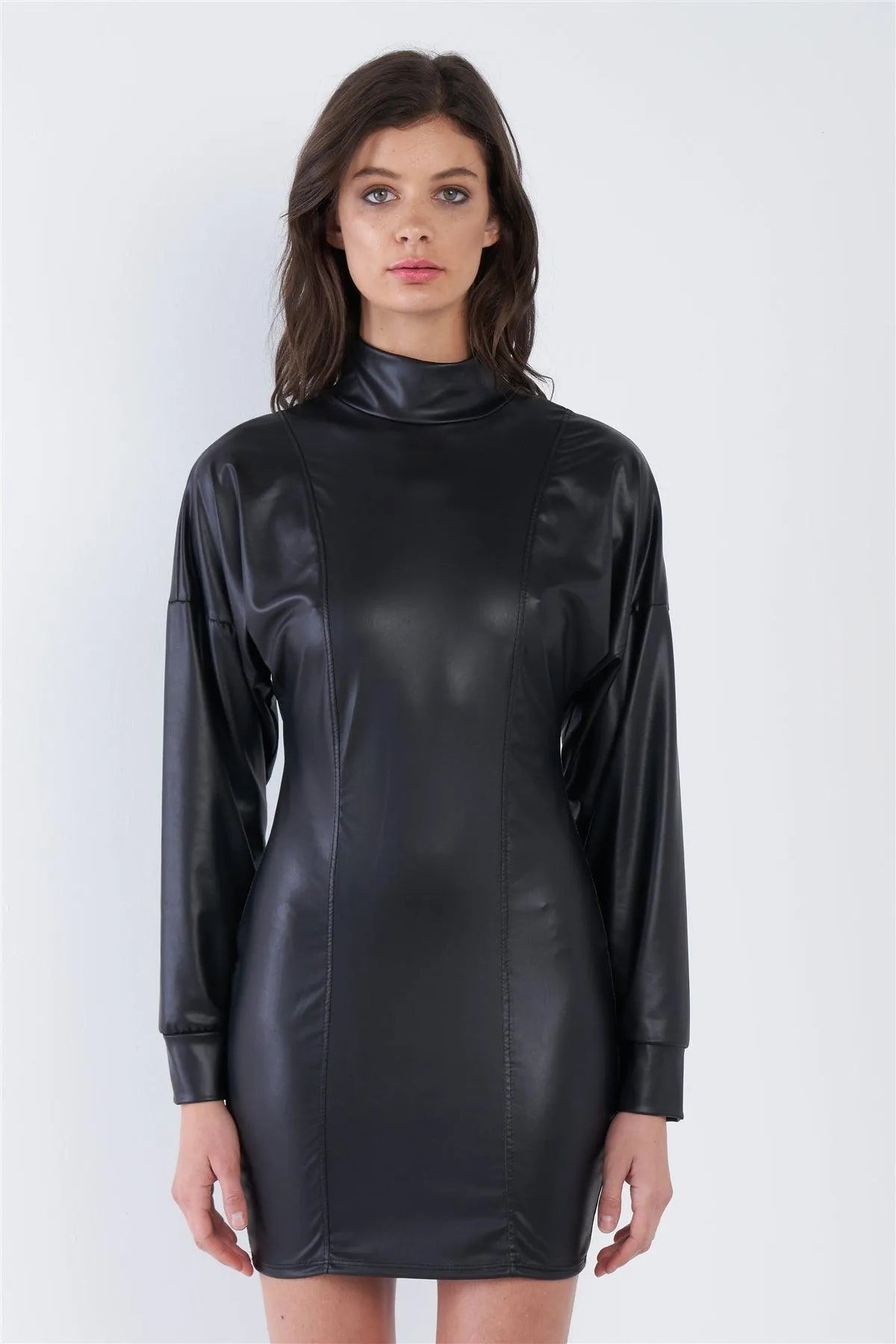 Black Vegan Leather High Turtleneck Long Sleeves Bodycon Mini Dress /1-2-2 - Tasha Apparel Wholesale