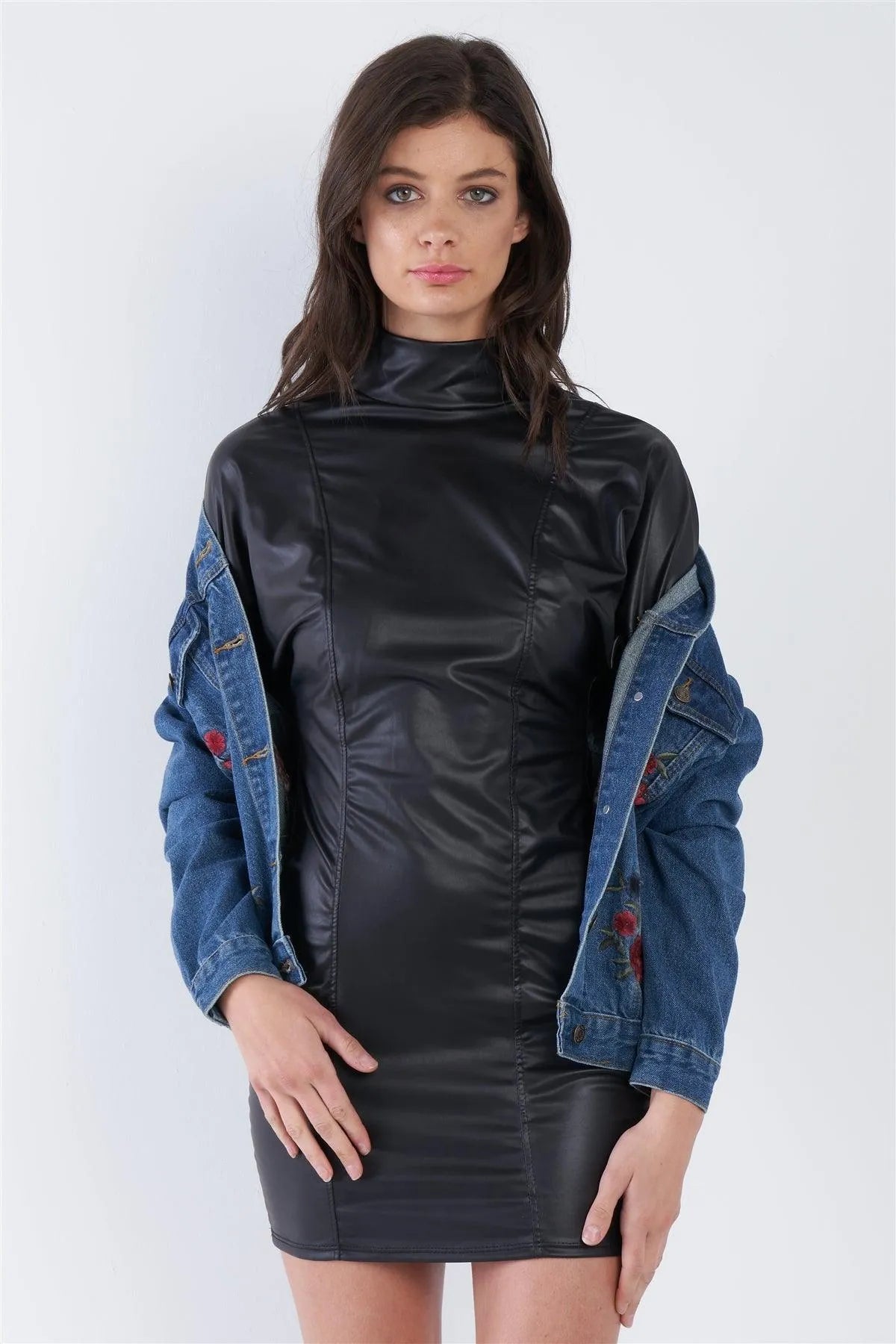 Black Vegan Leather High Turtleneck Long Sleeves Bodycon Mini Dress /1-2-2 - Tasha Apparel Wholesale