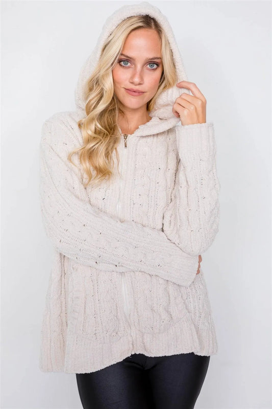 Ivory Knit Suede Front Zipper Hoodie Sweater /3-3 - Tasha Apparel Wholesale