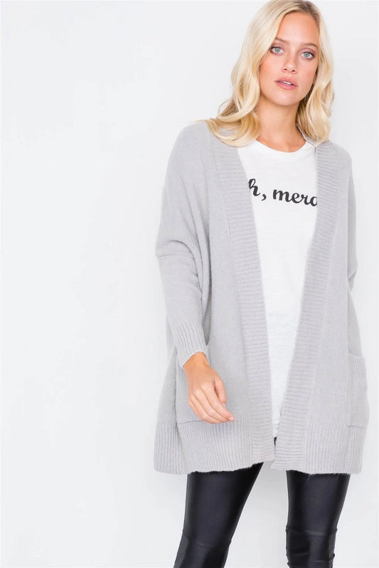 Light Grey Cotton Open Ribbed Trim Relaxed Fit Cardigan /2-2-2 - Tasha Apparel Wholesale
