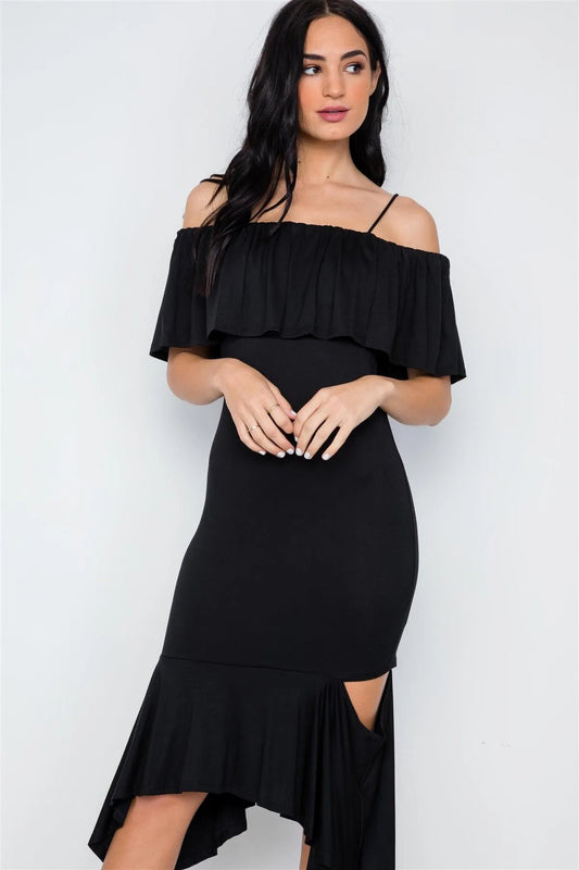 Black Cami Flounce Cut Out Dress /3-1-1 - Tasha Apparel Wholesale