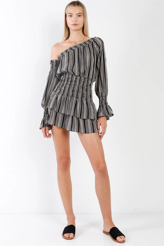 Black & White Striped One-Shoulder Long Balloon Sleeve Smock Waist Mini Dress /3-2-1 - Tasha Apparel Wholesale