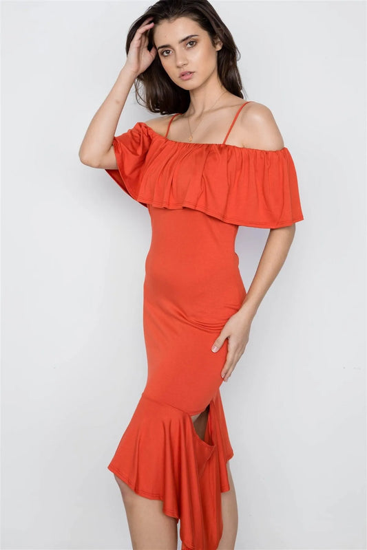 Rust Cami Flounce Cut Out Dress / 4-1 - Tasha Apparel Wholesale