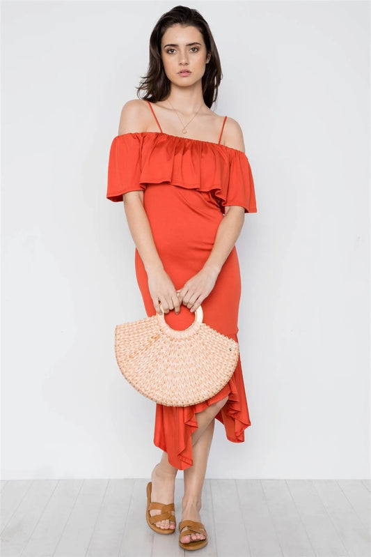 Rust Cami Flounce Cut Out Dress / 2-2-2 - Tasha Apparel Wholesale