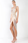 Gold Iridescent V-Neck Wrap Gathered Deep Side Slit Different Straps Maxi Dress /2-2-2 - Tasha Apparel Wholesale