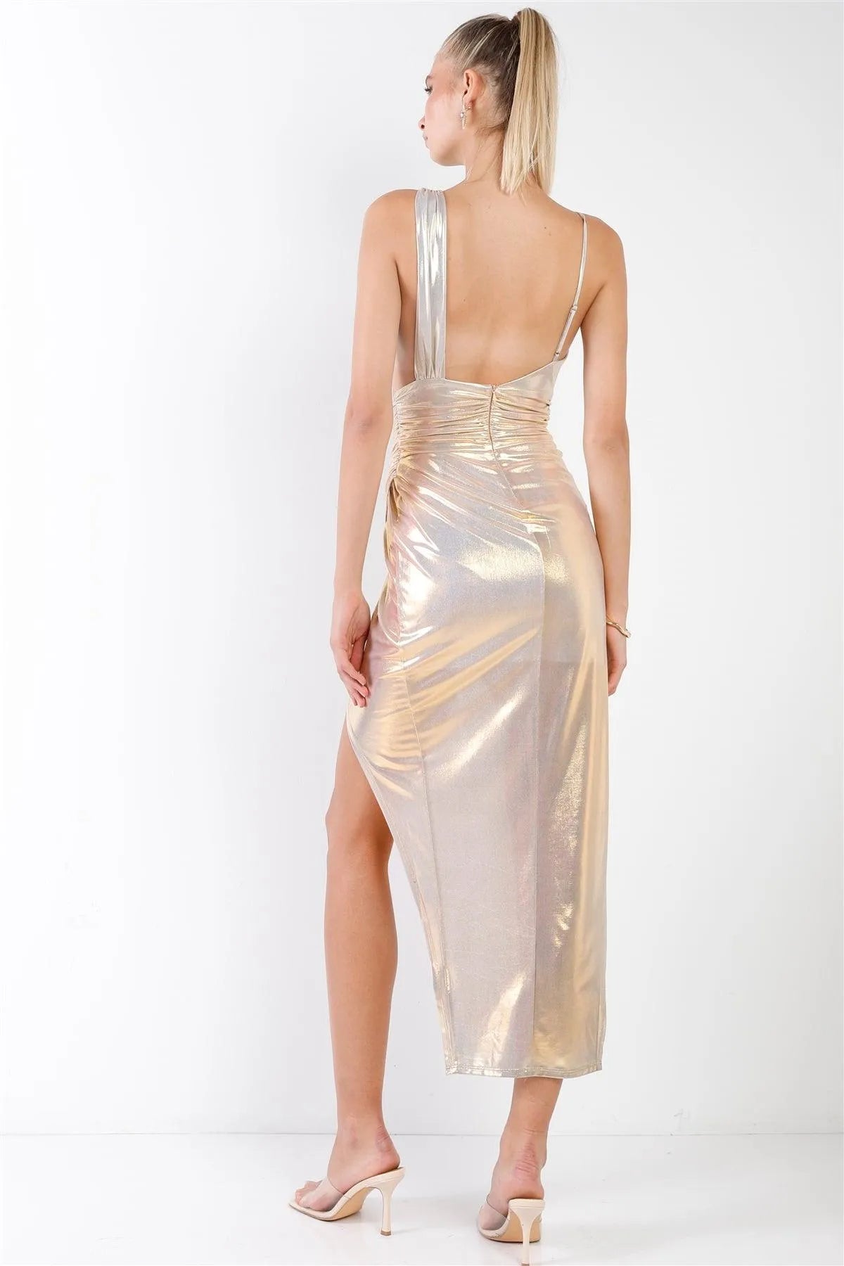 Gold Iridescent V-Neck Wrap Gathered Deep Side Slit Different Straps Maxi Dress /2-2-2 - Tasha Apparel Wholesale