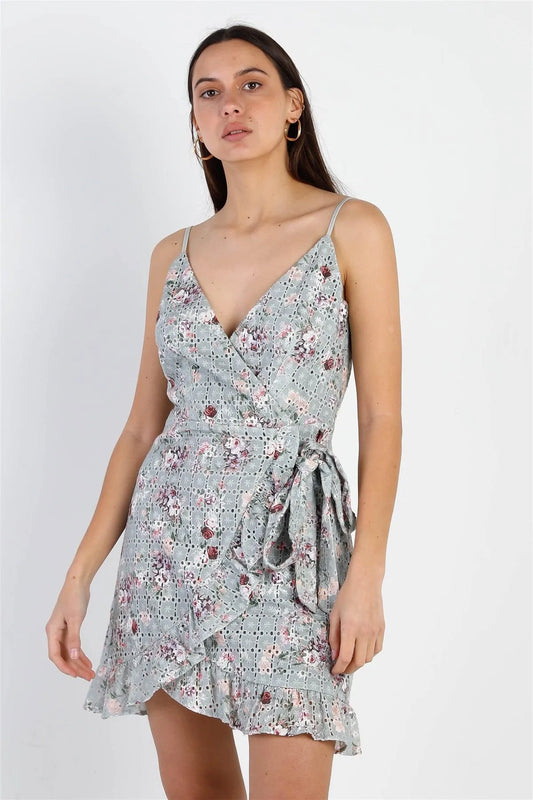 Mint Floral Print Cotton Wrap Self-Tie Broderie Mini Dress /3-2-1 - Tasha Apparel Wholesale