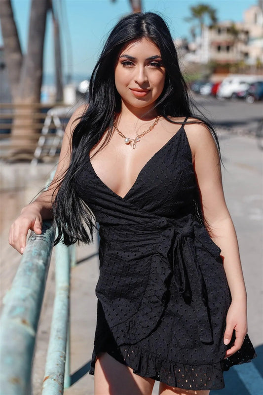 Black Cotton Wrap Self-Tie Broderie Mini Dress /3-2-1 - Tasha Apparel Wholesale