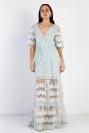 Mint Mesh Textured Embroidered Ruffle Self-Tie Details Maxi Dress /3-2-1 - Tasha Apparel Wholesale
