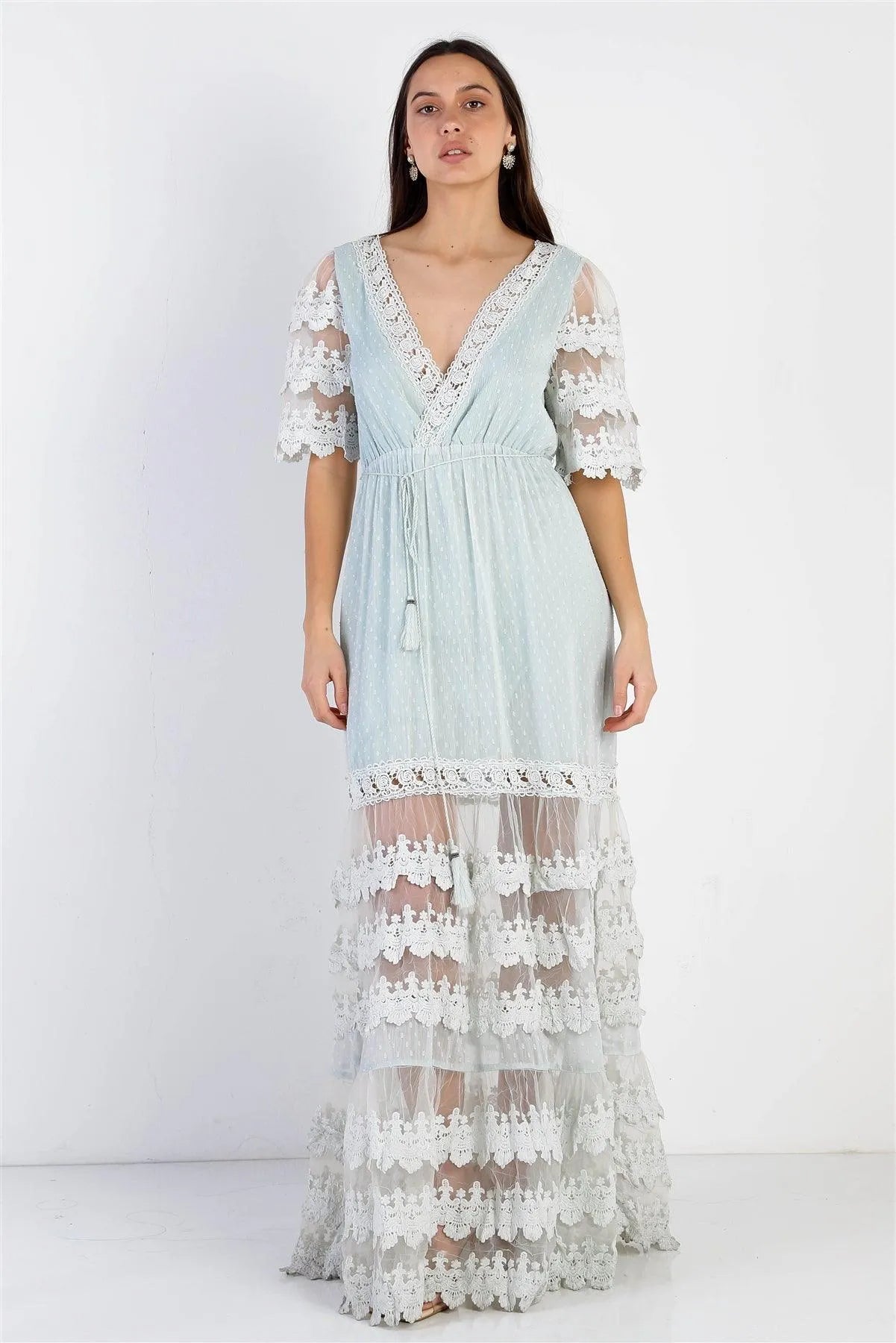 Mint Mesh Textured Embroidered Ruffle Self-Tie Details Maxi Dress /3-2-1 - Tasha Apparel Wholesale
