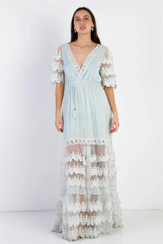 Mint Mesh Textured Embroidered Ruffle Self-Tie Details Maxi Dress /3-2-1 - Tasha Apparel Wholesale
