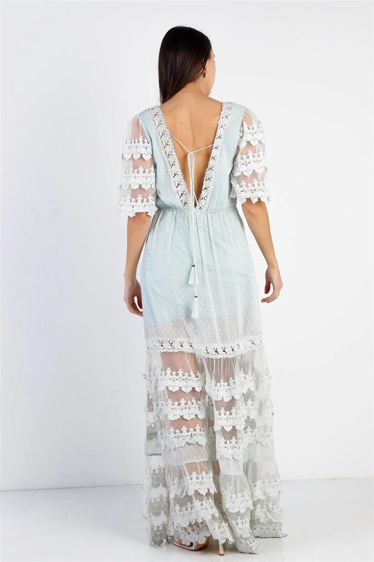 Mint Mesh Textured Embroidered Ruffle Self-Tie Details Maxi Dress /3-2-1 - Tasha Apparel Wholesale