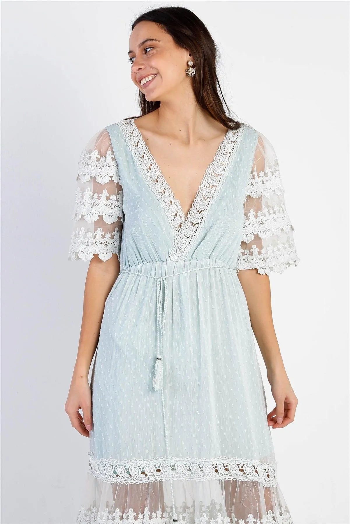 Mint Mesh Textured Embroidered Ruffle Self-Tie Details Maxi Dress /3-2-1 - Tasha Apparel Wholesale