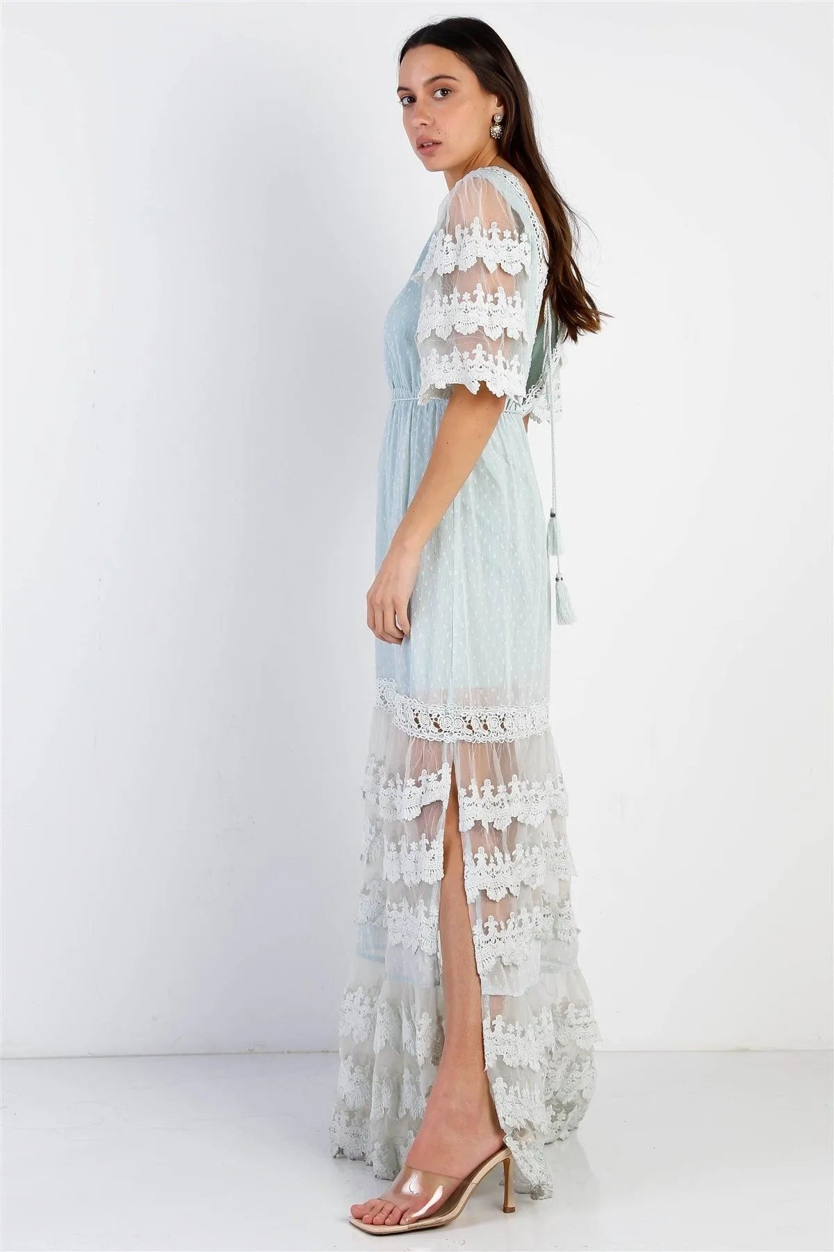 Mint Mesh Textured Embroidered Ruffle Self-Tie Details Maxi Dress /3-2-1 - Tasha Apparel Wholesale