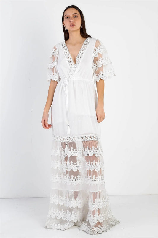 White Mesh Textured Embroidered Ruffle Self-Tie Details Maxi Dress /3-2-1 - Tasha Apparel Wholesale