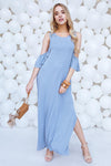 Light Blue Cold Shoulder Side Slit Maxi Basic Dress / 2-2-2