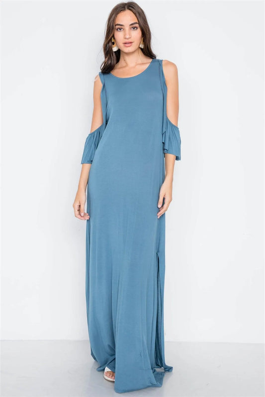 Blue Cold Shoulder Side Slit Maxi Basic Dress - Tasha Apparel Wholesale