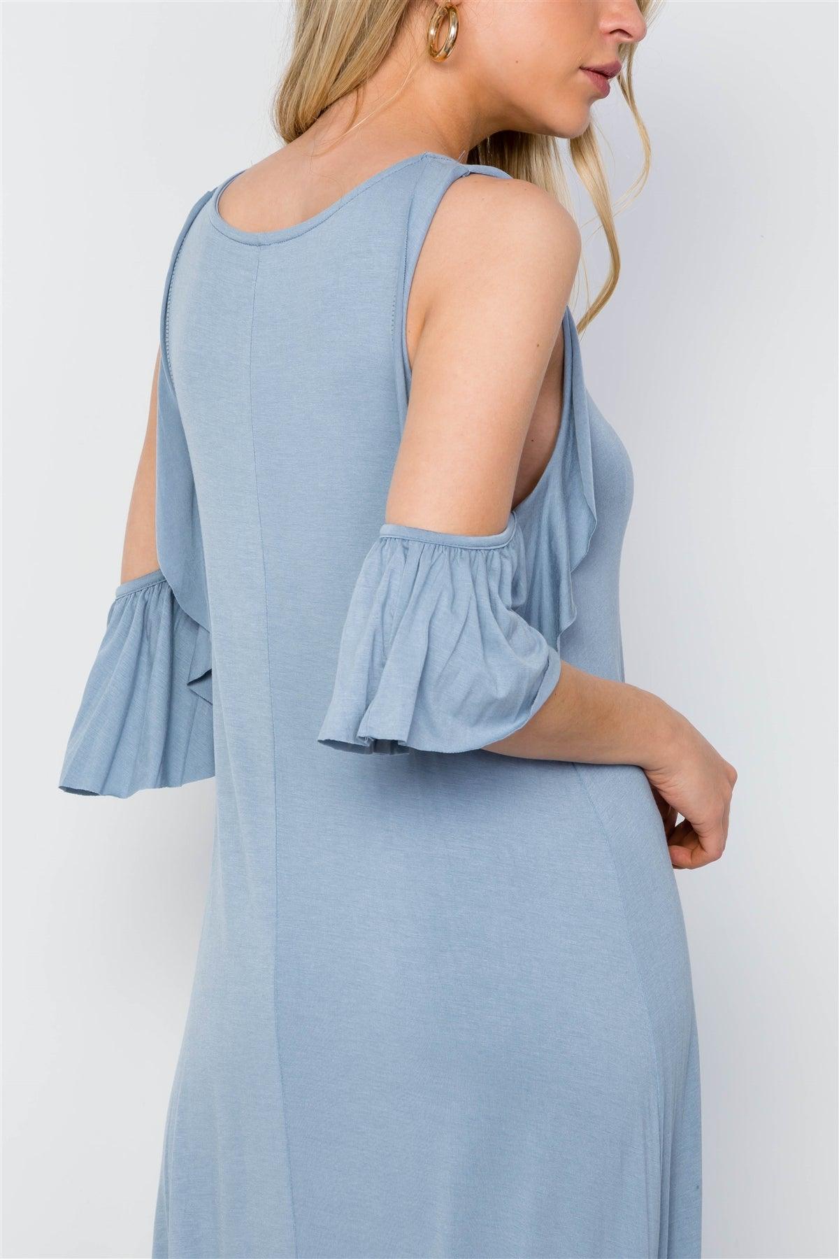 Light Blue Cold Shoulder Side Slit Maxi Basic Dress