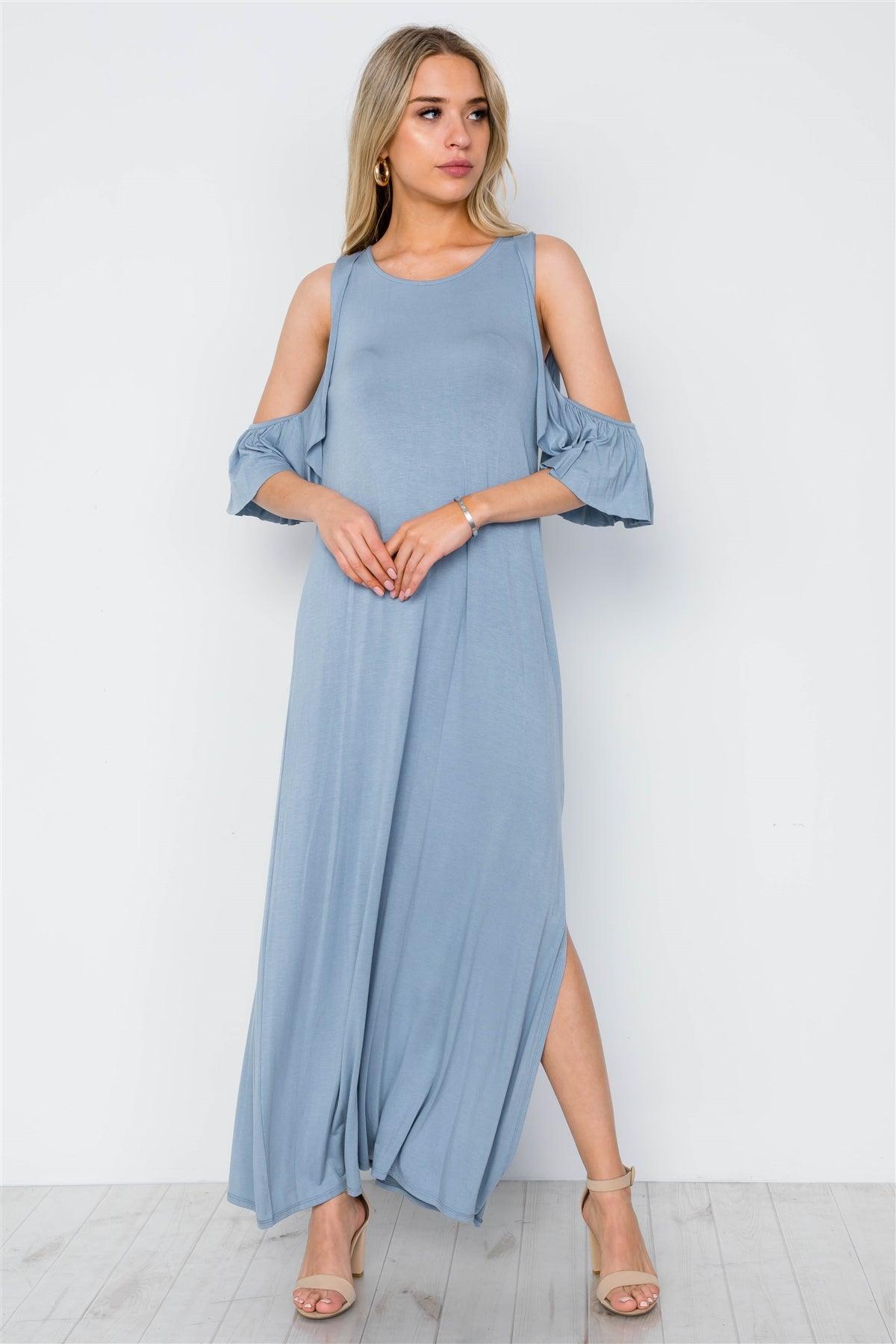 Light Blue Cold Shoulder Side Slit Maxi Basic Dress