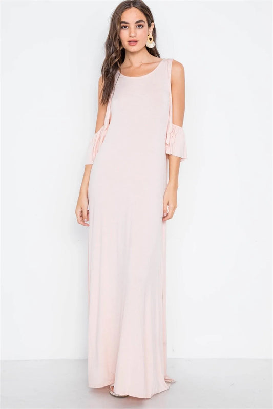 Light Pink Cold Shoulder Side Slit Maxi Basic Dress - Tasha Apparel Wholesale