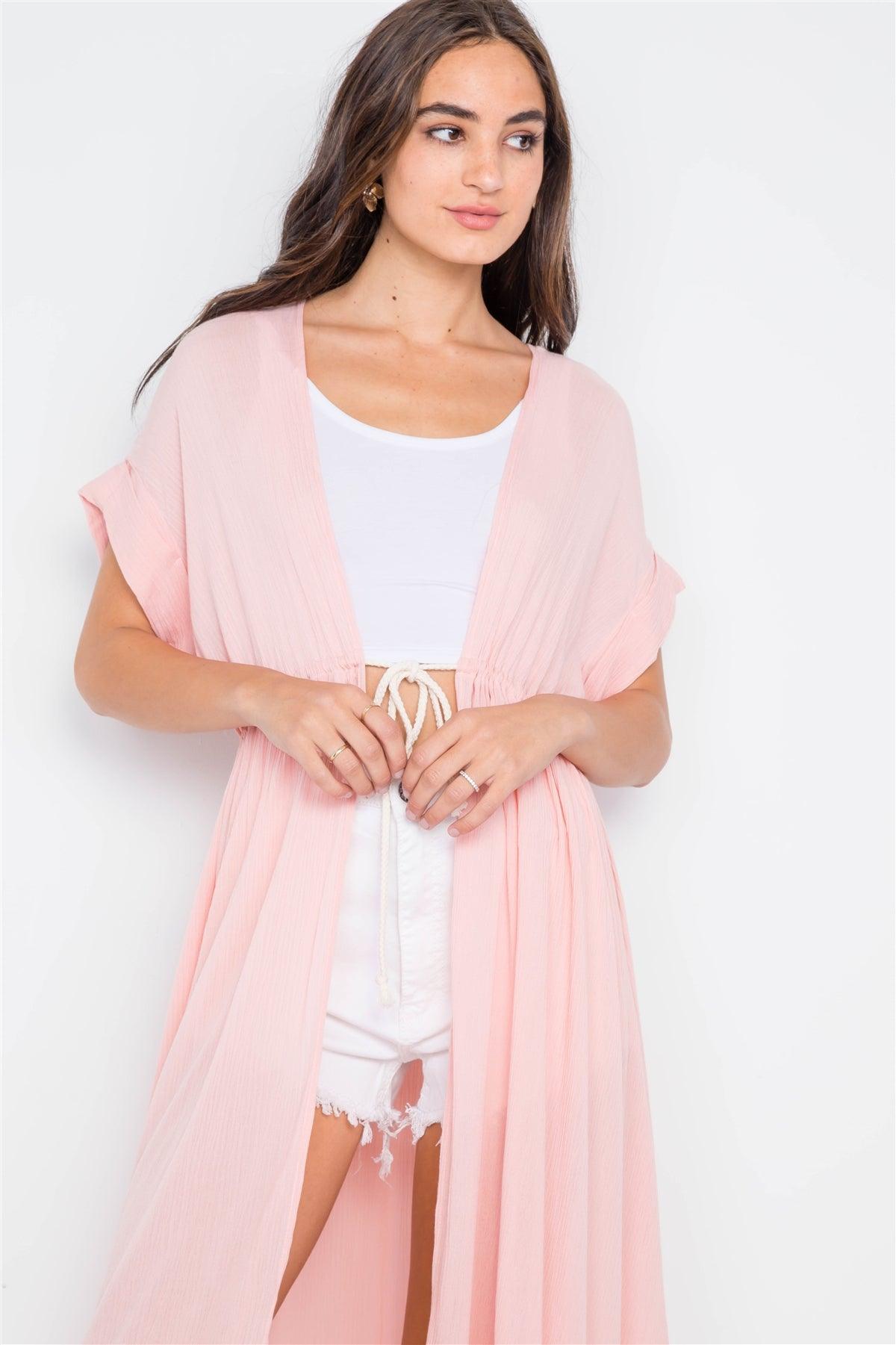 Pink Knit High Low Boho Cardigan Cover Up