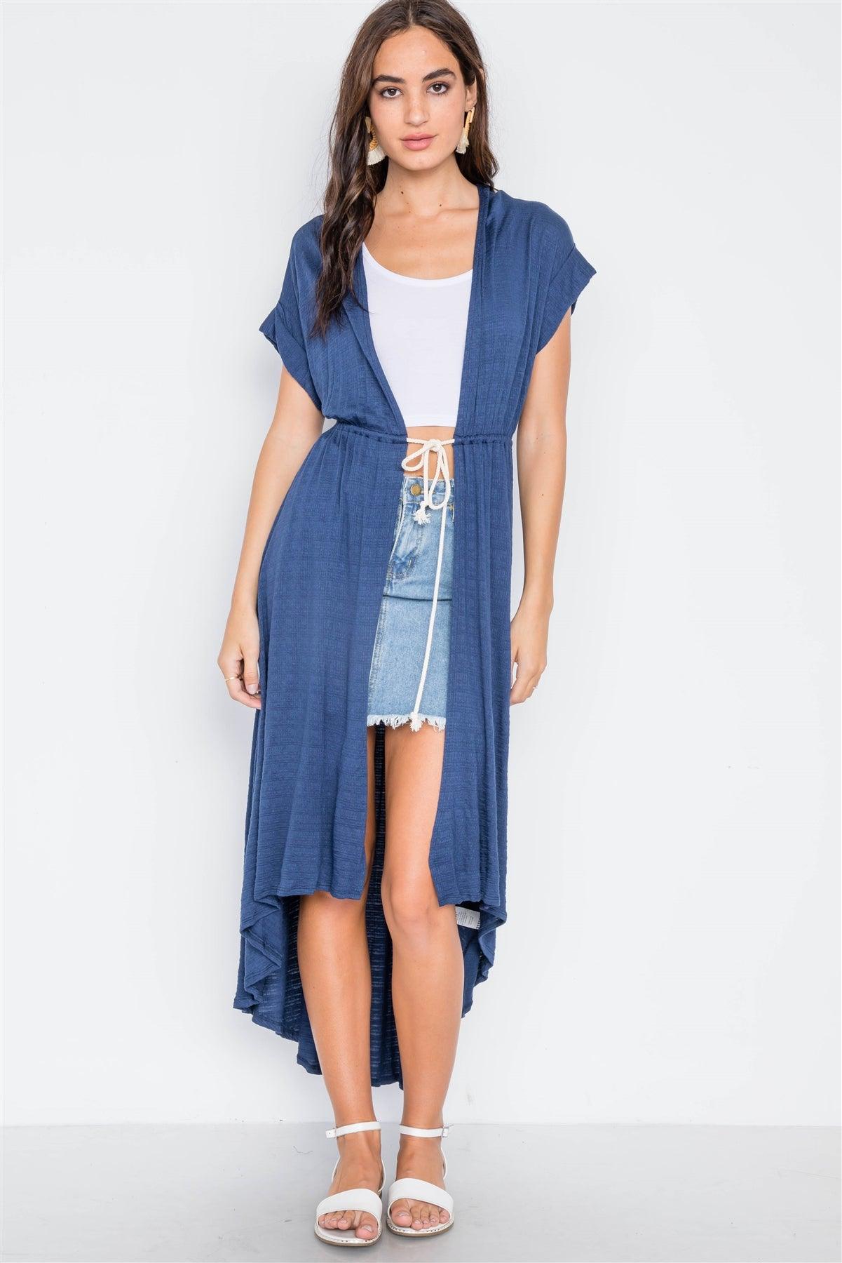 Navy Knit High Low Boho Cardigan Cover Up