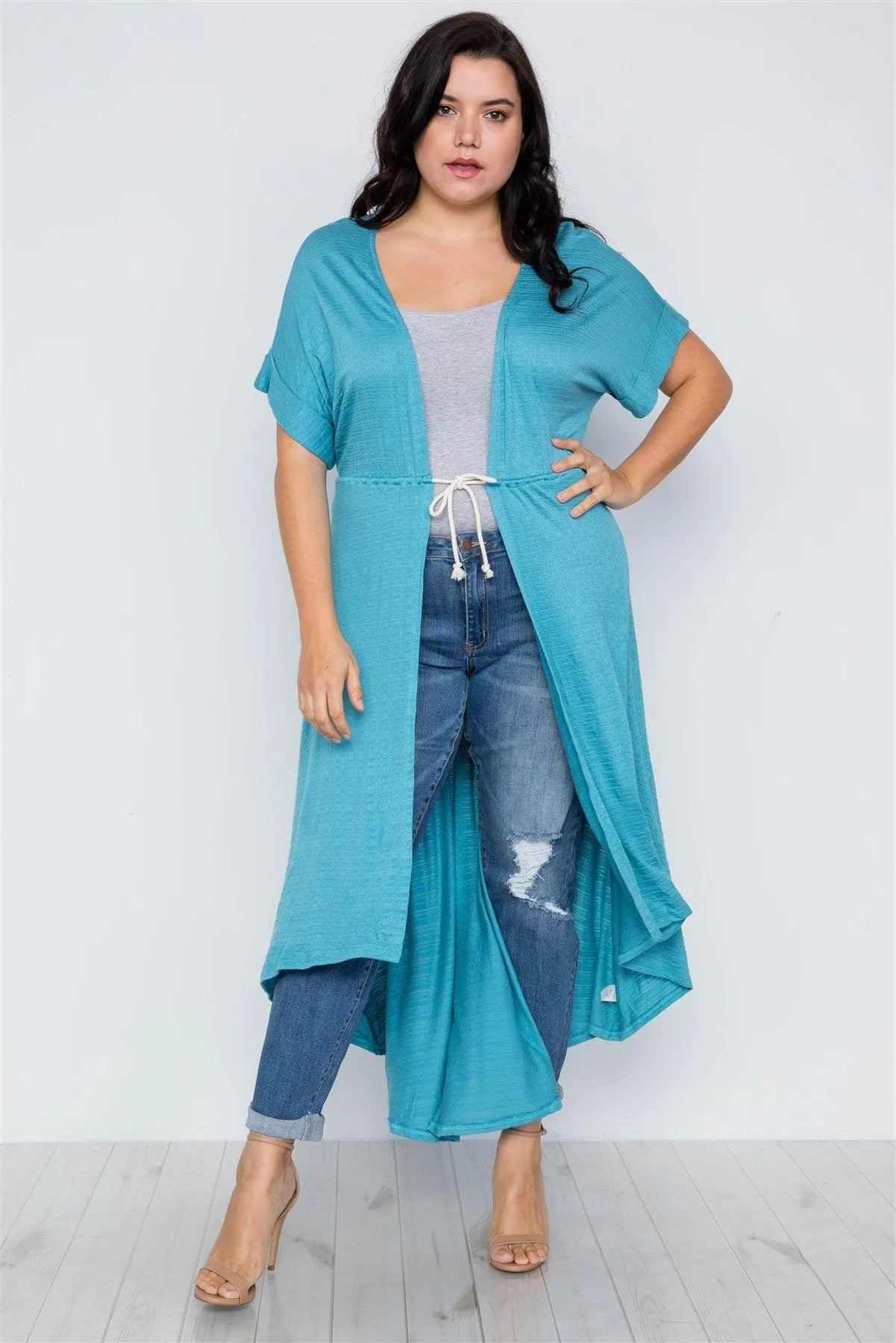 Plus Size Aqua Basic High Low Cardigan Cover Up / 2-2-2 - Tasha Apparel Wholesale