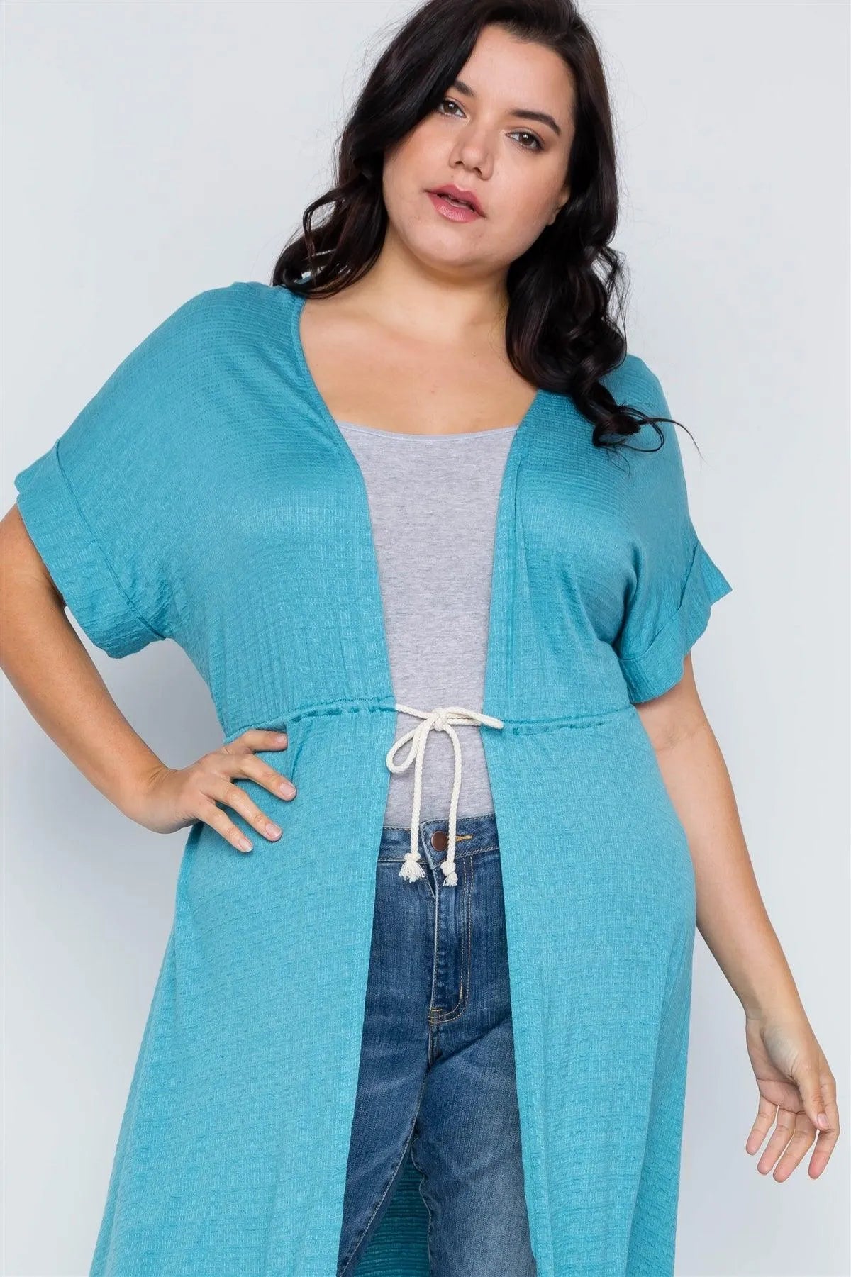 Plus Size Aqua Basic High Low Cardigan Cover Up / 2-2-2 - Tasha Apparel Wholesale