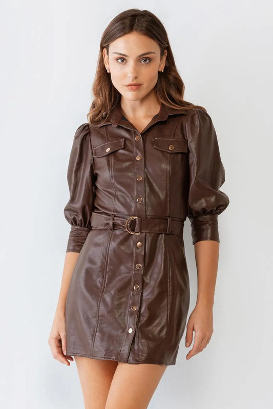 Brown Leather Like Shirt Button-Up Belted Collared Mini Dress /2-2-2 - Tasha Apparel Wholesale