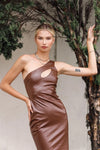 Brown Faux Leather One Shoulder Cut-Out Midi Dress /1-2-2-1 - Tasha Apparel Wholesale
