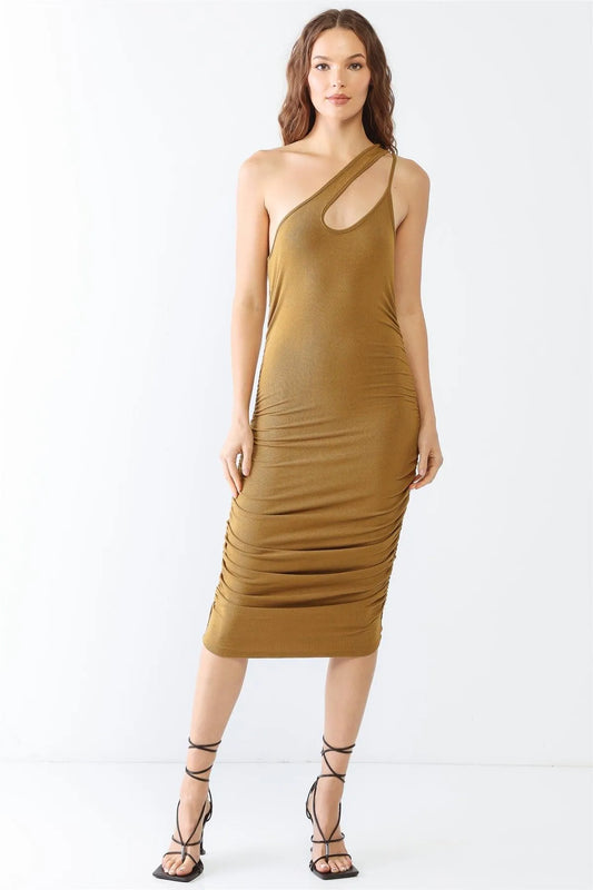 Cognac Ribbed Ruched Cut-Out Neck One-Shoulder Midi Dress /2-2-1 - Tasha Apparel Wholesale