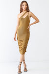 Cognac Ribbed Ruched Cut-Out Neck One-Shoulder Midi Dress /3-2-1
