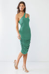 Hunter Green Ribbed Ruched Cut-Out Neck One-Shoulder Midi Dress /3-2-1