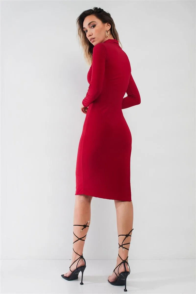 Passion Red Turtle Neck Long Sleeve Super Deep Side Slit With Tie Detail Midi Dress /3-2-1 - Tasha Apparel Wholesale
